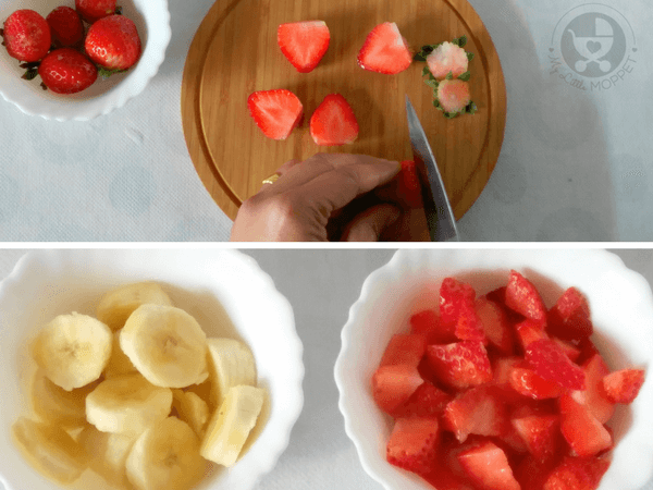 Chop the strawberries. Peel and slice the banana.